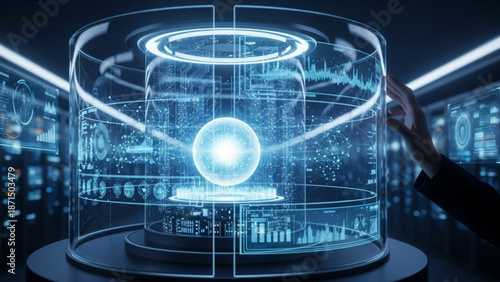 Futuristic scientist interacting with holographic data visualization in advanced lab