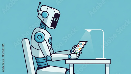 Robot working on smartphone in modern workspace with lamp