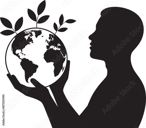 Black silhouette of a person holding the Earth with leaves growing out of it globe