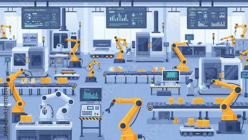 Modern factory with multiple robotic arms on production line