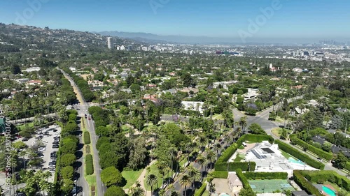 Beverly Hills Aerial Shot Orbit Los Angeles Downtown to Hollywood