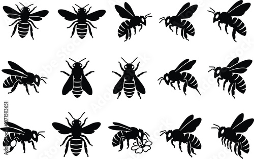 Vector Collection of Black Bee Silhouettes Featuring Honeybees in Various Poses Like Flying and Perching Isolated on a White Background (20 words)