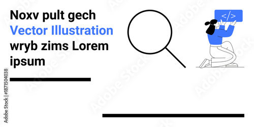 Web development, coding knowledge, software education, programming careers, data visualization, digital literacy. Woman coding with magnifying glass. Web development and programming careers concept