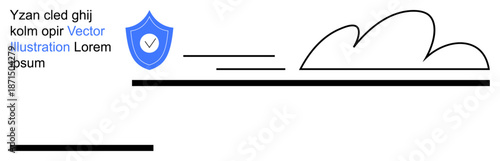 Digital security, privacy protection, cloud storage, data safety, cybersecurity, communication. Blue shield with check mark next to linear cloud and text lines. Digital security and privacy