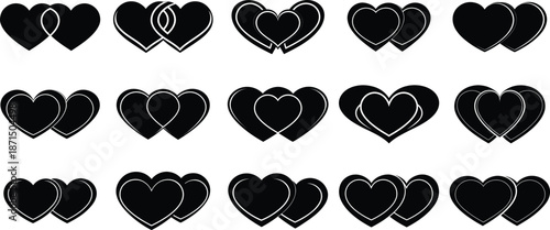 Double Hearts Icon Silhouette Vector for Love, Romance, Valentine’s Day, Relationship, Affection, Romantic Symbol, Couple Love Concept, Minimal Black Silhouette Design, Editable and Scalable Vector Gr