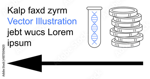 Genetics, biotechnology, financial growth, scientific research, investing, economics. A DNA helix in a test tube, a stack of coins and an arrow. Genetics and financial growth concept