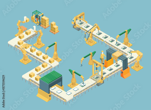 Isometric automated factory with robotic arms and conveyor belts. Assembly line vector illustration