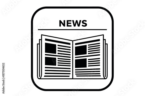 A black and white icon of a newspaper with the word news on it