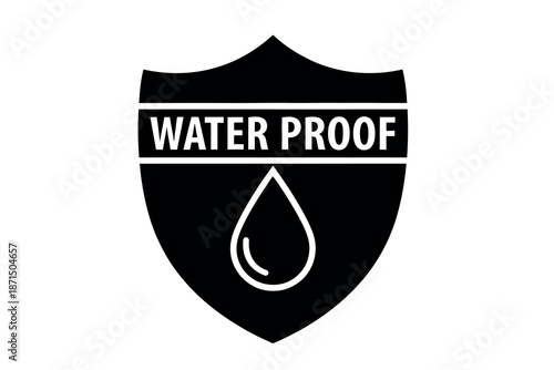 Black shield icon with water proof text and drop symbol on transparent background