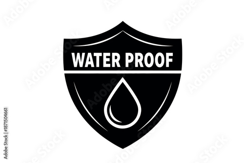 Black shield icon with water proof text and drop symbol on transparent background
