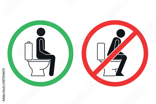 Toilet signs indicating correct and incorrect sitting positions on toilet