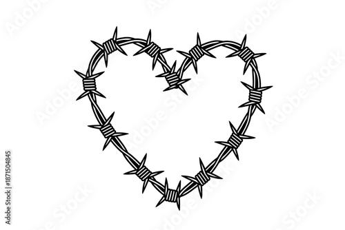 Black barbed wire heart shape on white background symbolizing love and danger