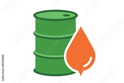 Green oil barrel with an orange drop of liquid on white background