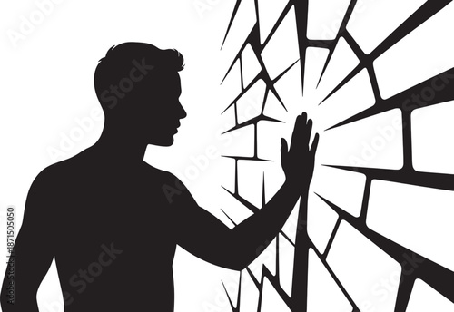 Black silhouette of a man touching a broken wall