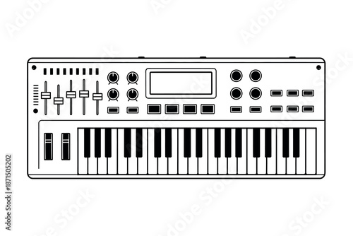 Electronic keyboard instrument with buttons and sliders isolated on white background