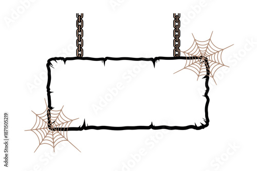 Halloween sign with cobwebs on chains isolated on white background for spooky decorations