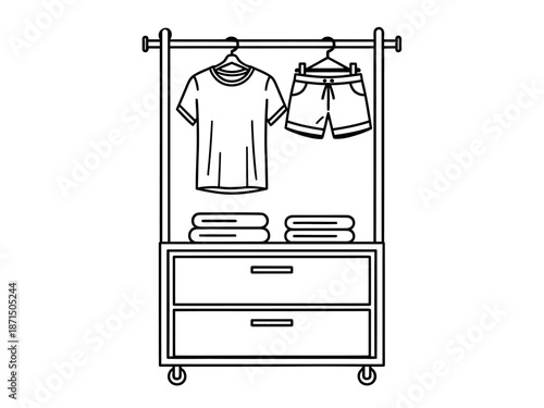 Clothing rack with hanging shirts and folded clothes on drawers