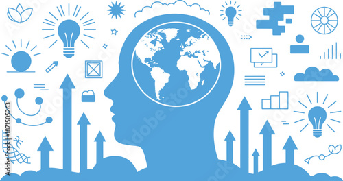Head with global and arrows globe growth ideas
