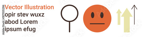 Research, growth, emotion analysis, progress tracking, business strategy, innovation. Neutral face, magnifying glass and arrows pointing upward. Research and growth visually
