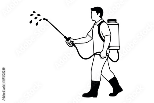 Man spraying pesticide with backpack sprayer in a simple line drawing style