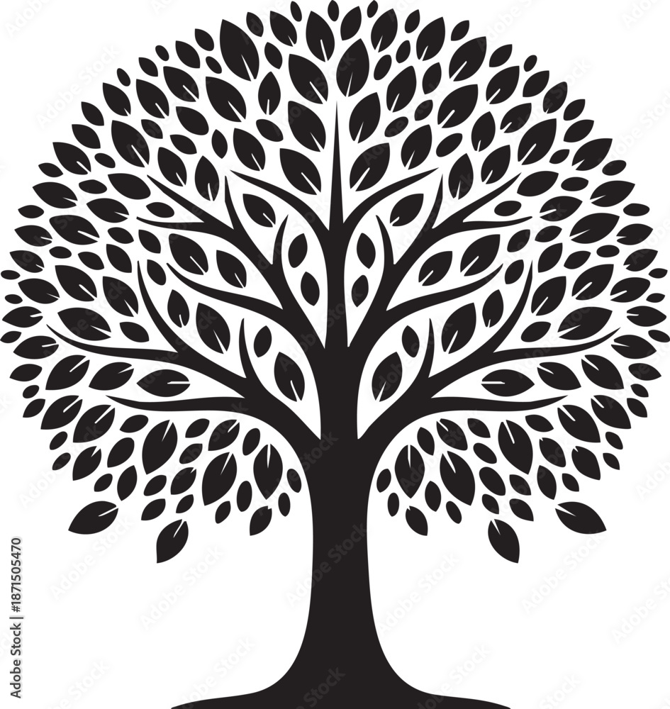 Obraz premium Stylized black silhouette of a lush leafy tree isolated on transparent background
