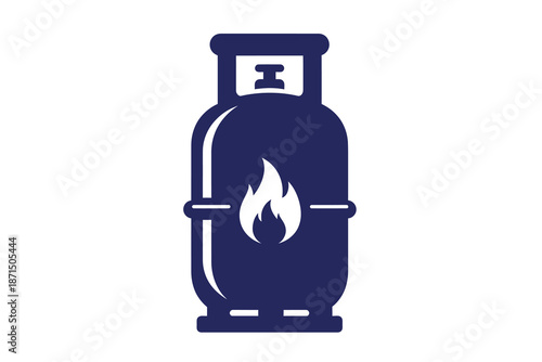 Dark blue icon of a gas cylinder with flame on front isolated on white background