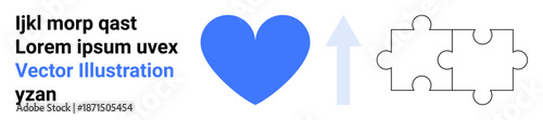 Love, personal development, problem-solving, teamwork, relationships, growth. A blue heart, upward arrow and puzzle pieces. Love and personal development concepts visually