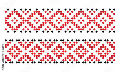 Red black beaded geometric repeated ornaments set from traditional Ukrainian clothes embroidery