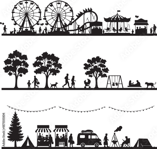Amusement park and outdoor recreation scenes silhouette isolated on transparent background