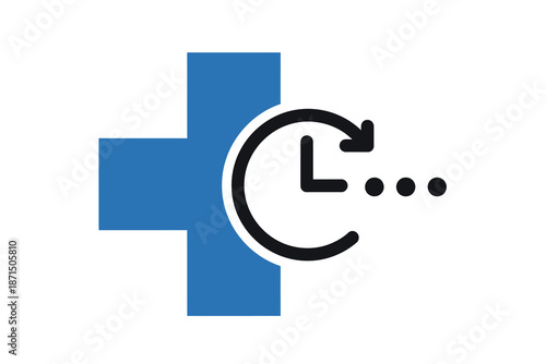 Blue medical cross with clock turning around on white background