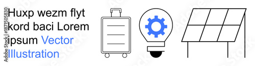 Renewable energy, technological innovation, eco-friendly travel, business services, conceptual design, modern solutions. Includes suitcase, gear in lightbulb, and solar panel design elements