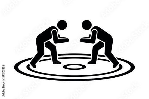 Two stick figures engaged in a wrestling match on a circular mat