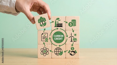 Carbon Credit Concept: Blocks with Icons of Sustainability, Industry, and Finance