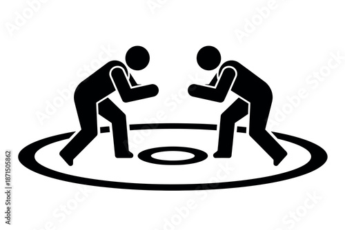 Two wrestlers competing in a match on a circular mat in black silhouette