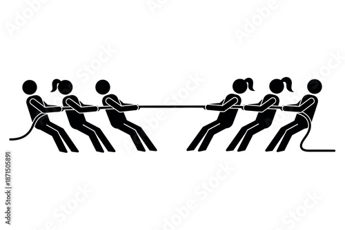 Group of people playing tug of war with rope in a team