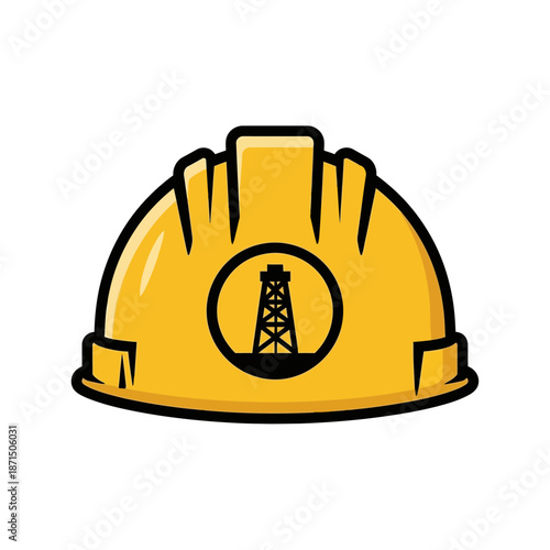 Yellow hard hat with an oil rig inside a circle emblem, representing the oil and gas industry and construction