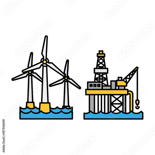 Offshore wind turbines and oil rig illustration symbolizing renewable and fossil fuel energy sources