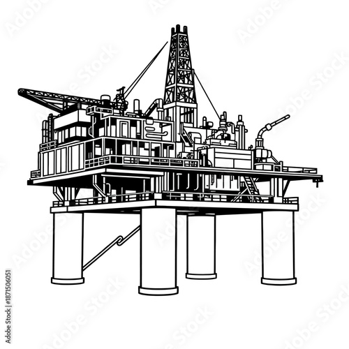 Illustration of an offshore oil drilling platform, a complex industrial structure designed for extracting petroleum from beneath the seabed