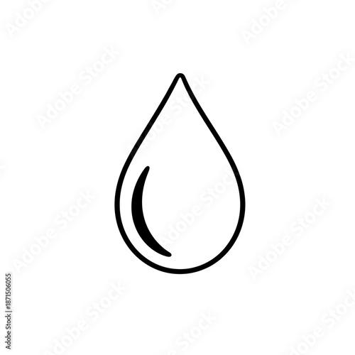 A simple, elegant black and white line drawing of a single water drop, symbolizing purity, freshness, and hydration