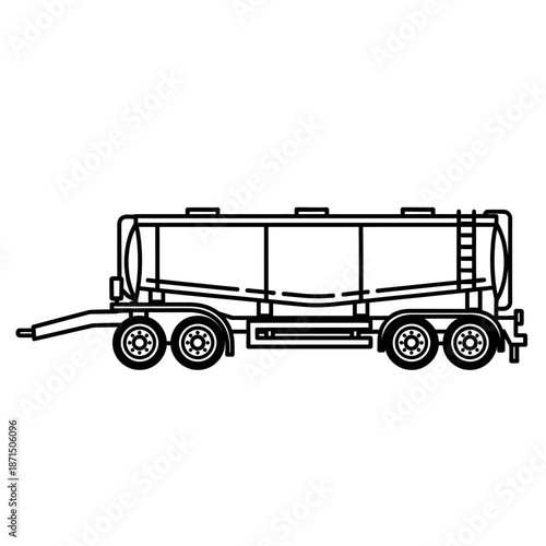 Minimalist black and white vector illustration of a modern industrial tanker trailer, ideal for depicting bulk freight transport, logistics, and heavy-duty cargo delivery