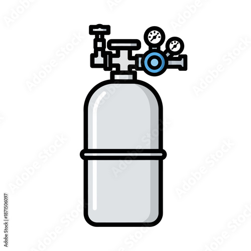 Vector icon of a compressed gas cylinder with pressure regulator and gauges, symbolizing essential equipment for industrial applications, medical oxygen, scientific research, and safety systems