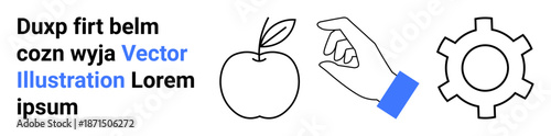 Hand reaching for apple, gear mechanism and placeholder text. Ideal for innovation, creativity, productivity, design, development, decision-making, simple landing page