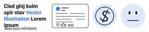 Social media analytics, digital marketing, user interface concepts, currency and finance, customer interaction, engagement rates. Icons include stats card, dollar sign, and neutral face emotion