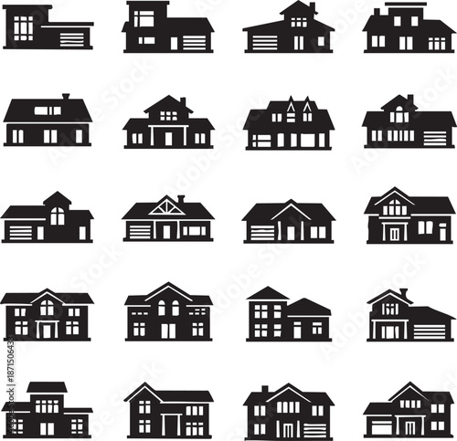Collection of diverse architectural house styles silhouette isolated on transparent background