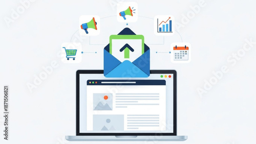Email marketing campaign on laptop with icons