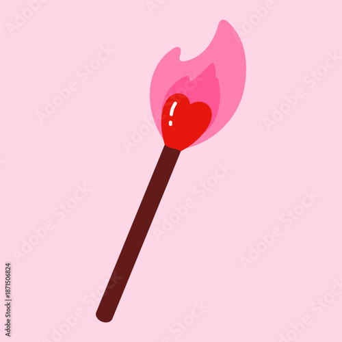 Heart shaped match with flame. Romantic love symbol. Valentine’s Day, passion and warmth concept. Flat vector illustration. Isolated on pink background