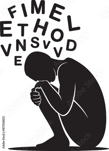 A man sits dejected with letters around him sitting alphabet