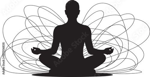 Black silhouette of a man meditating with swirling lines behind him