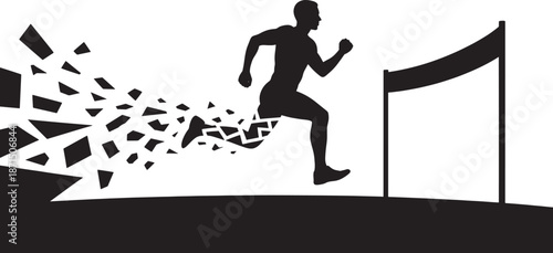 Black silhouette of a man running past a finish line with fragments breaking off his body