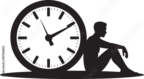 Black silhouette of a man sitting next to a large clock